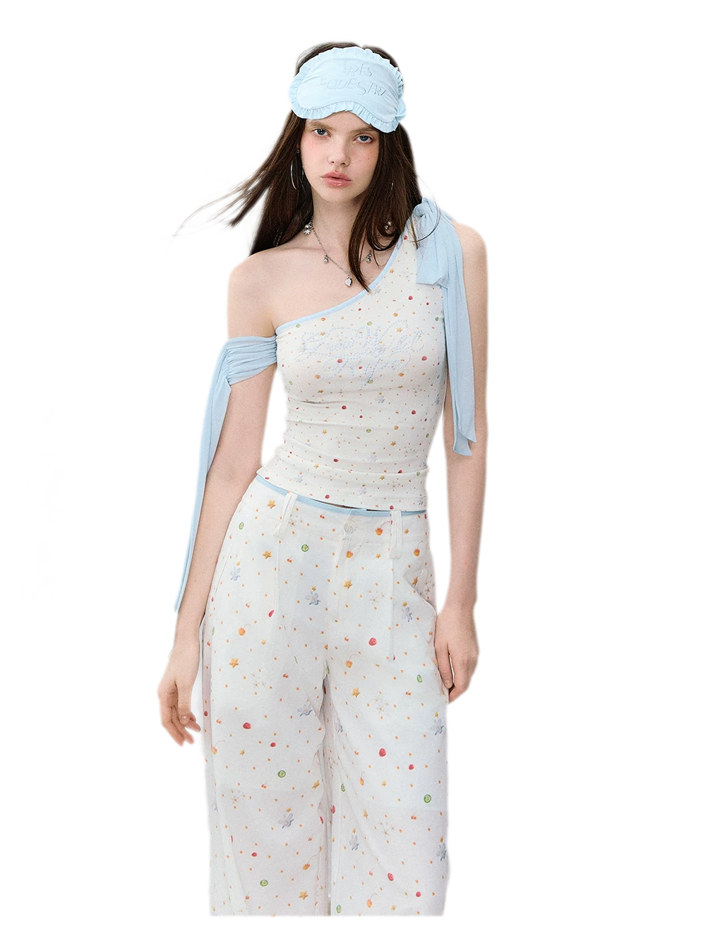 Printed Mesh One-Shoulder Tie Tank