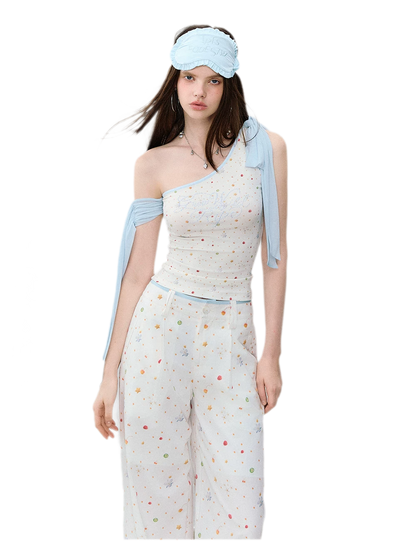 Printed Mesh One-Shoulder Tie Tank