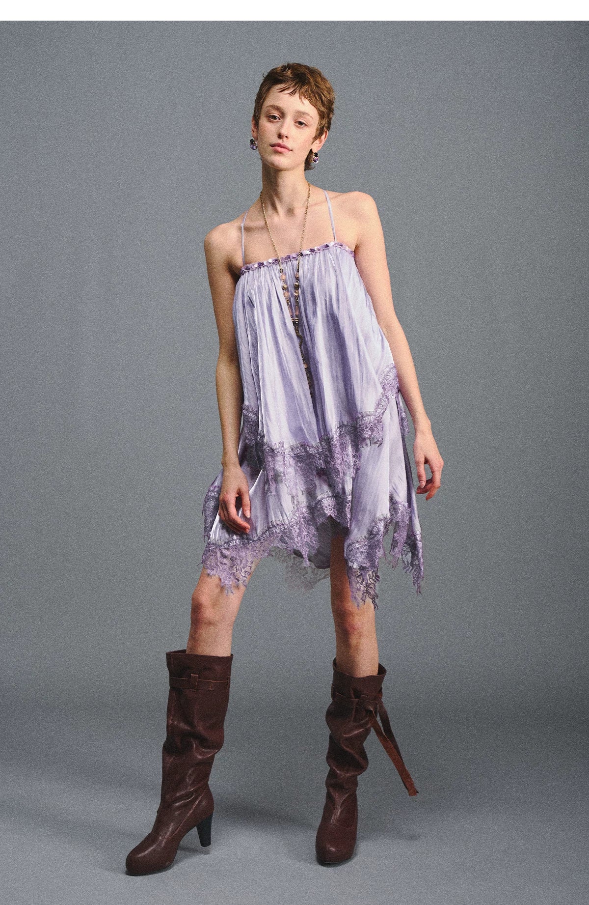 Lavender Galaxy Lace Satin Beaded Strap Dress