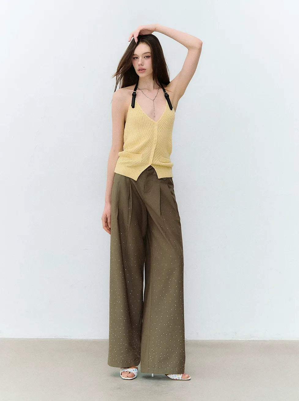 Rhinestone Pleated Waistband Wide-Leg Pants