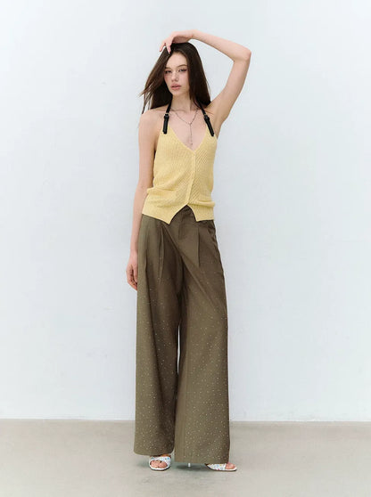 Rhinestone Pleated Waistband Wide-Leg Pants