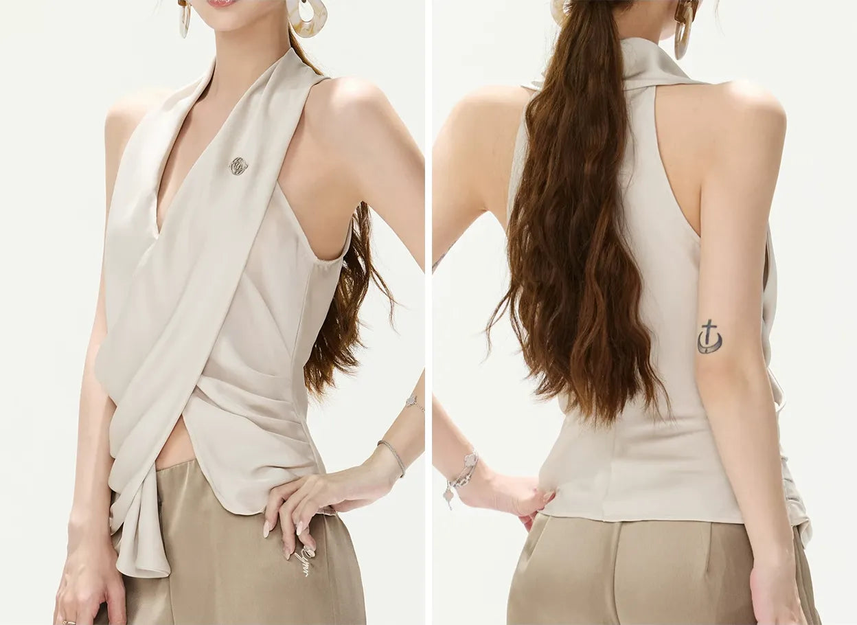 Satin Halter Ruched Top