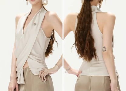 Satin Halter Ruched Top