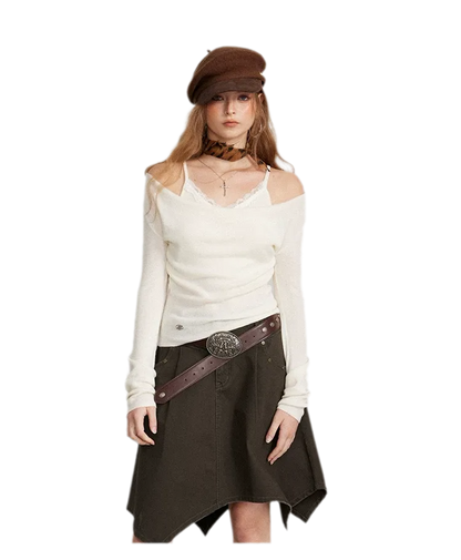 Draped Lace Trim Knit Top