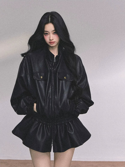 Faux Leather Stand Collar Jacket