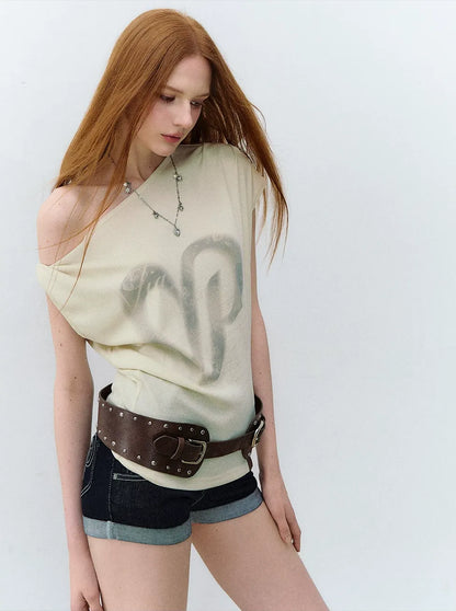 Asymmetric Shoulder Heart Logo Ruched Waist T-shirt