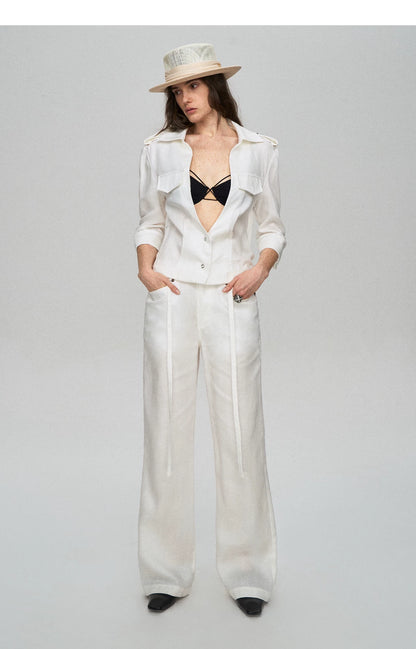 Tencel Linen Cool-Feel Mid-Sleeve Shirt &amp; High-Waist Wide-Leg