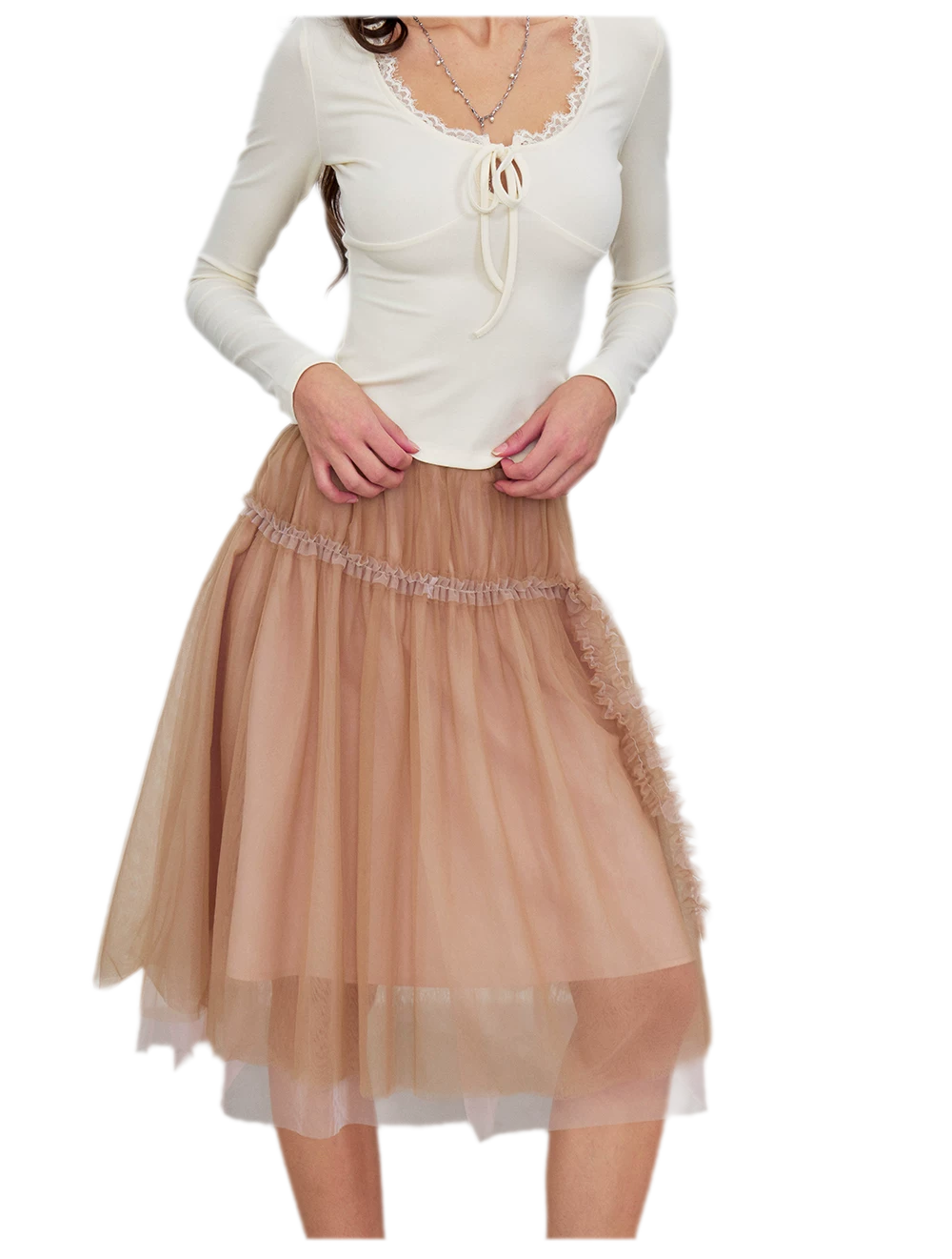 Layered Mesh Ruffle Midi Skirt