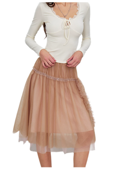 Layered Mesh Ruffle Midi Skirt