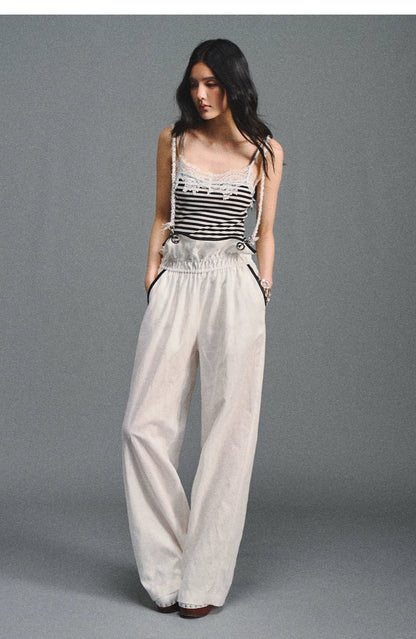 Tencel Linen Contrast Satin Trim Wide-Leg Pants