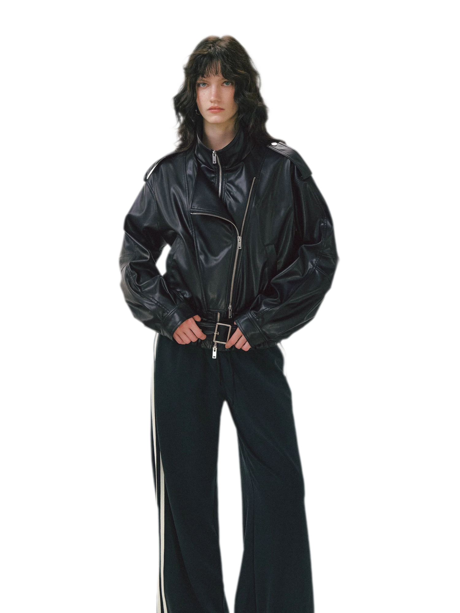 Leather-Look Cropped Motorcycle Jacket