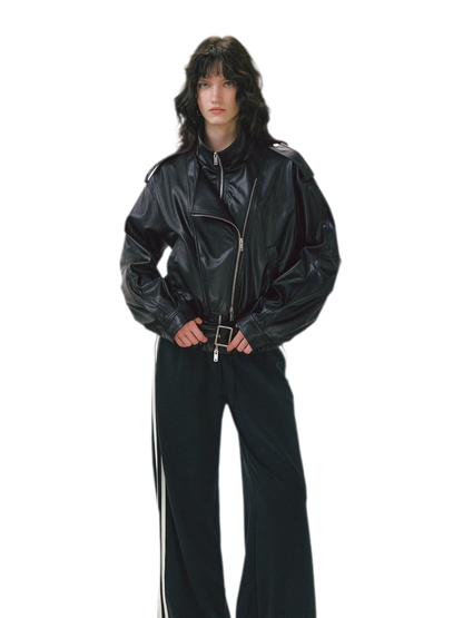 Leather-Look Cropped Motorcycle Jacket