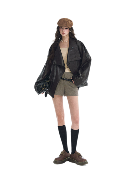 Faux-Leather Oversized Double-Breasted Jacket