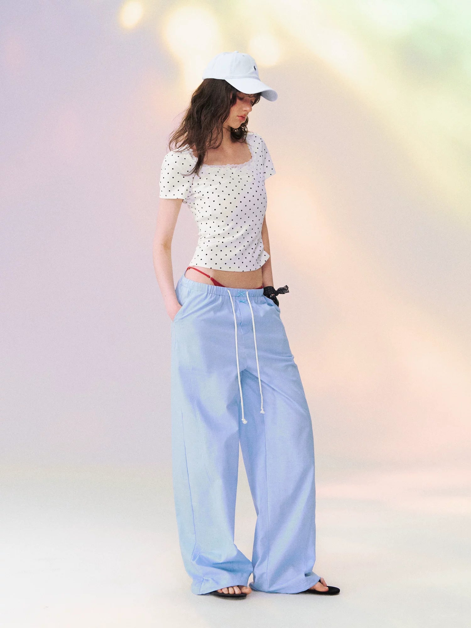 Square Neck Lace-Panel Slim T-shirt