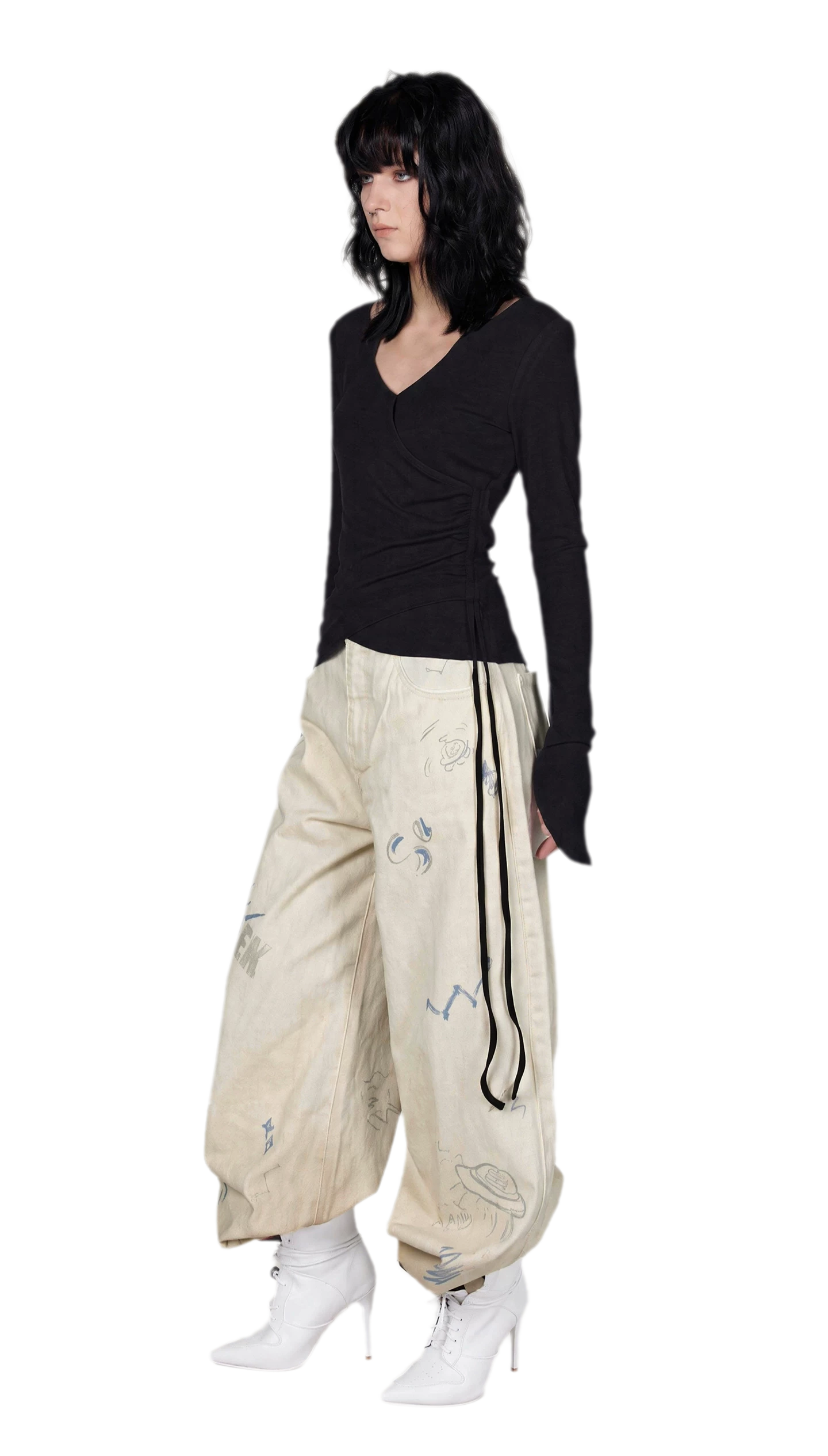 Washed Graffiti Wide-Leg Jeans
