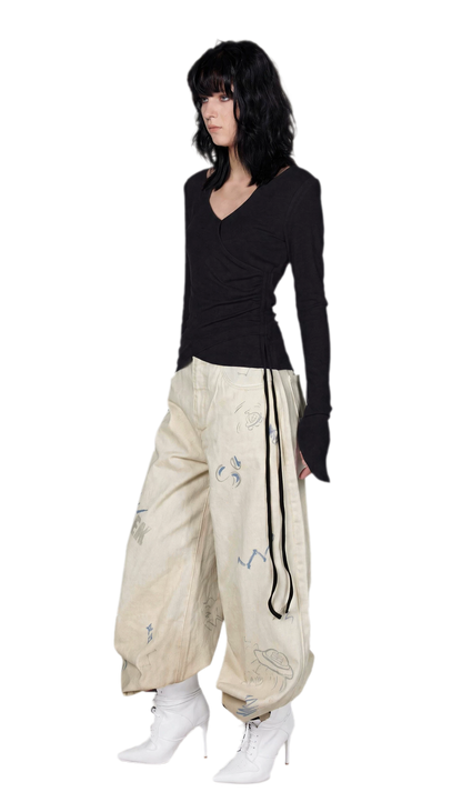 Washed Graffiti Wide-Leg Jeans