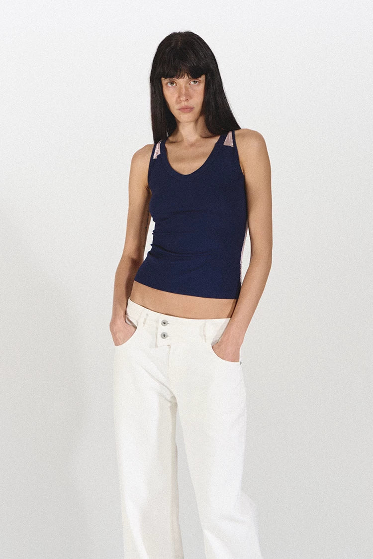 Lace Panel Slim Fit Striped Shoulder Vest Top