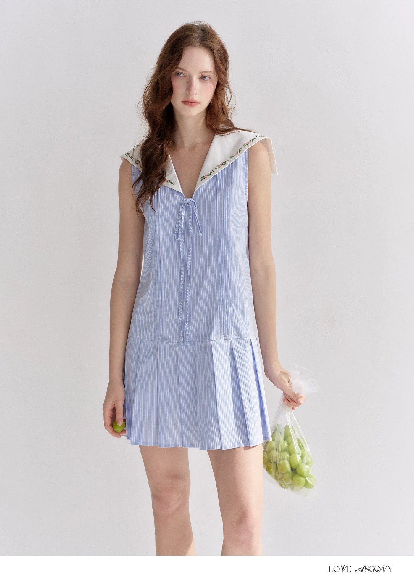 Embroidered Blue Striped Sailor Collar Pleated Dress