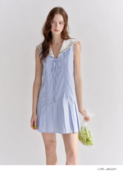 Embroidered Blue Striped Sailor Collar Pleated Dress