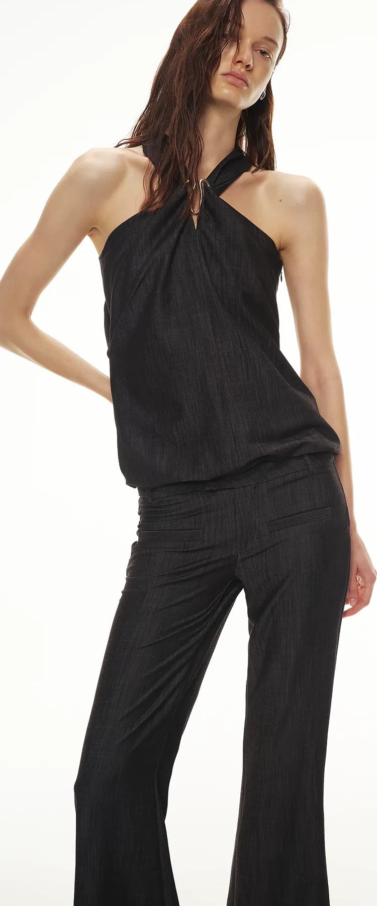 Tencel Hollow Halter Top &amp; Flared Pants Set