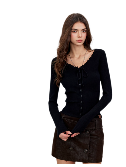 Ribbed Lace-Trim Fitted Knit Top