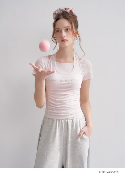 Lyocell Rhinestone Pleated Short Sleeve T-Shirt