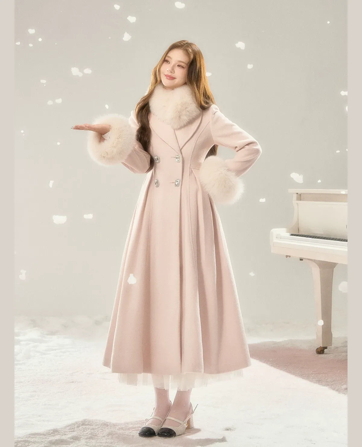 Double-Breasted Cinched Wool Blend Coat