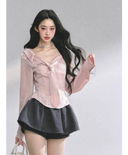 Satin Striped Tie Shirt