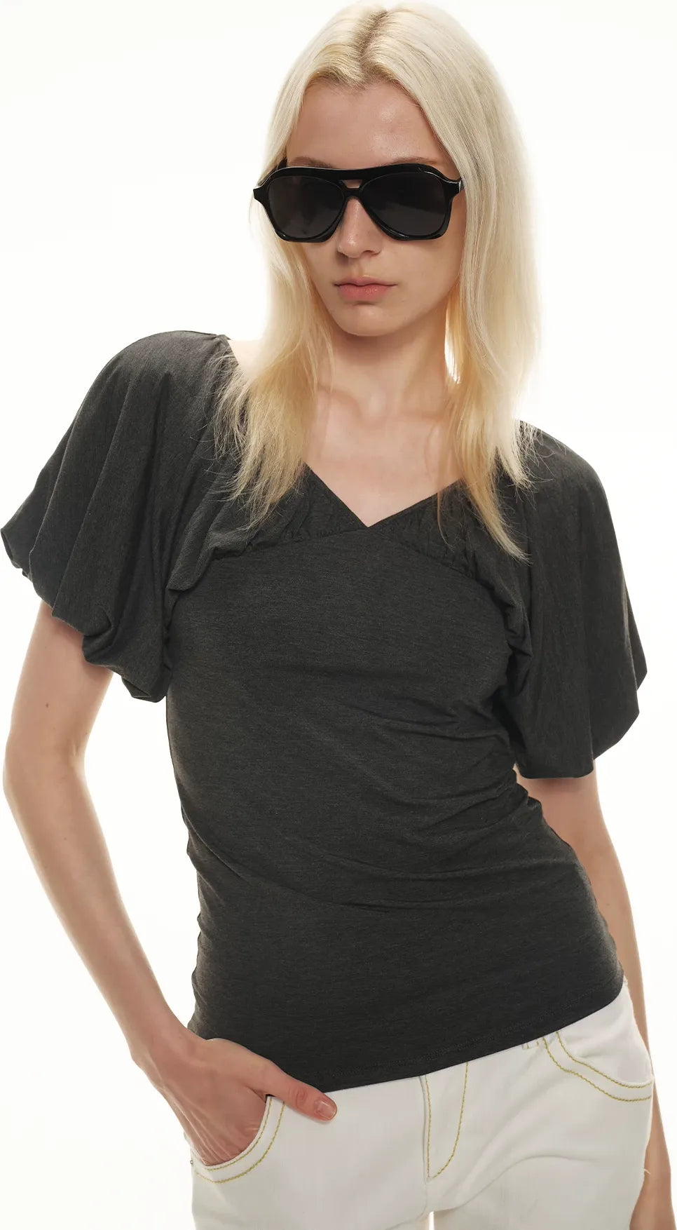 Soft Draped Puff Sleeve V-Neck Slim T-Shirt
