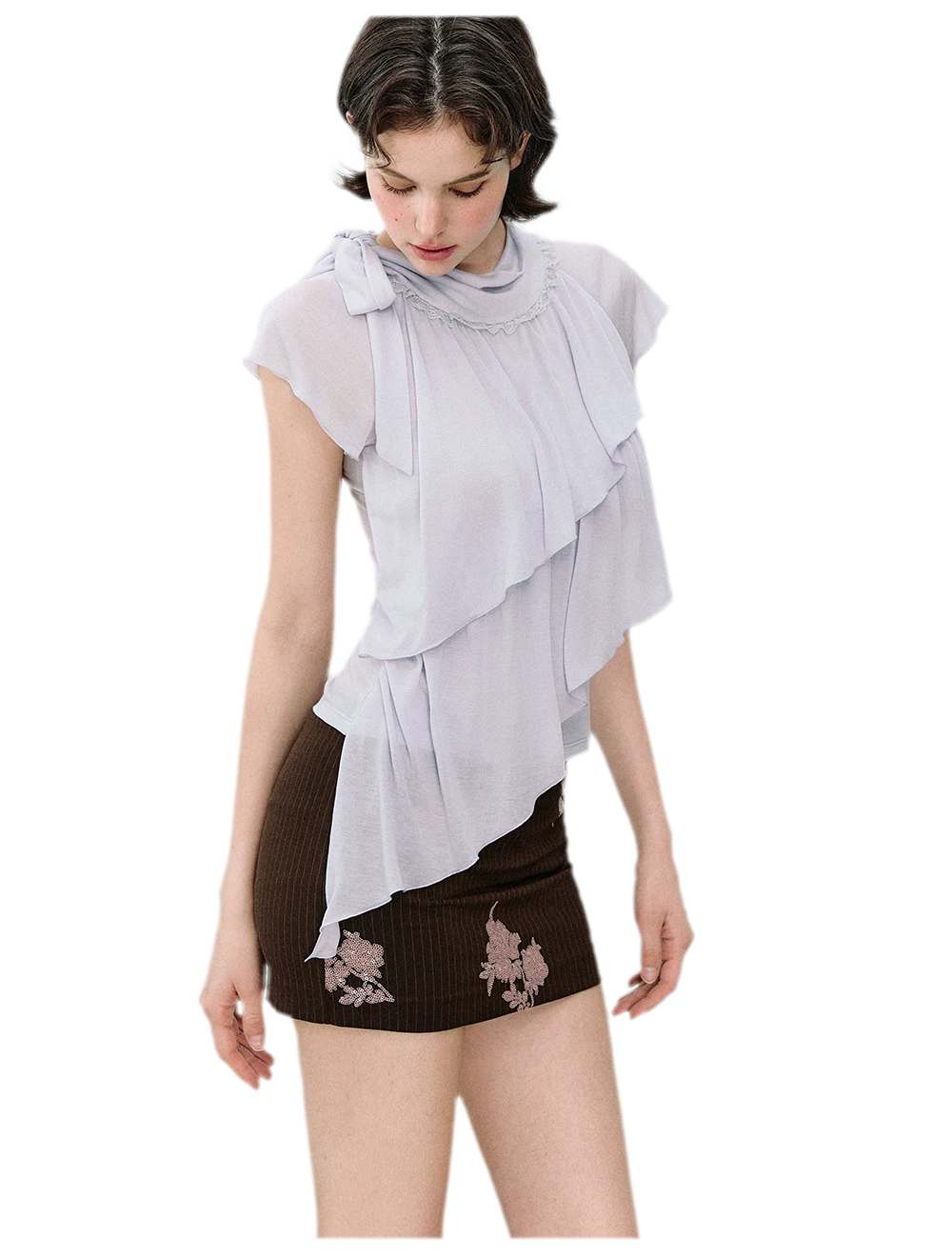 Ruffle Tie-Neck Tencel Short Sleeve Top