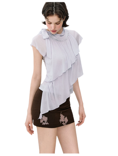 Ruffle Tie-Neck Tencel Short Sleeve Top