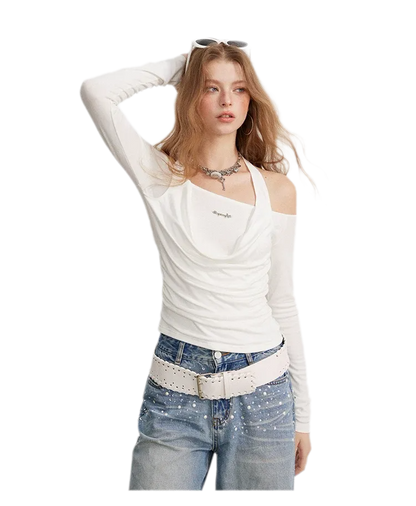 Draped Off-Shoulder Long-Sleeve Top
