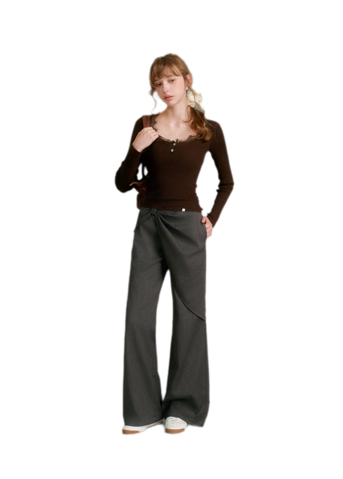 Misty Gray Bow Wide-Leg Pants