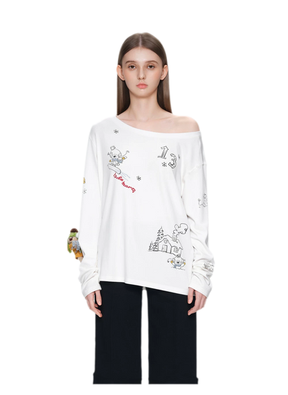 Graphic Off-Shoulder Long-Sleeve T-Shirt