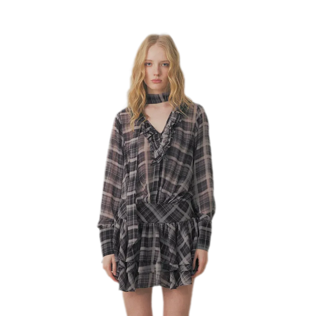Plaid Chiffon V-Neck Dress