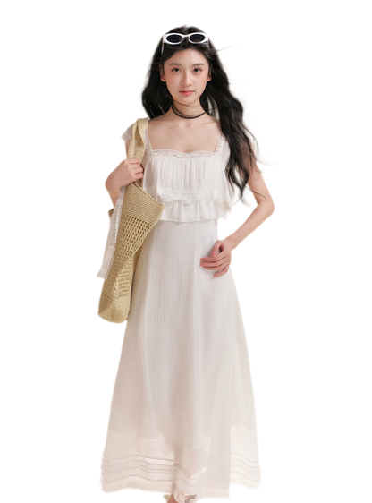 Lace Ruffle Waist Long Dress