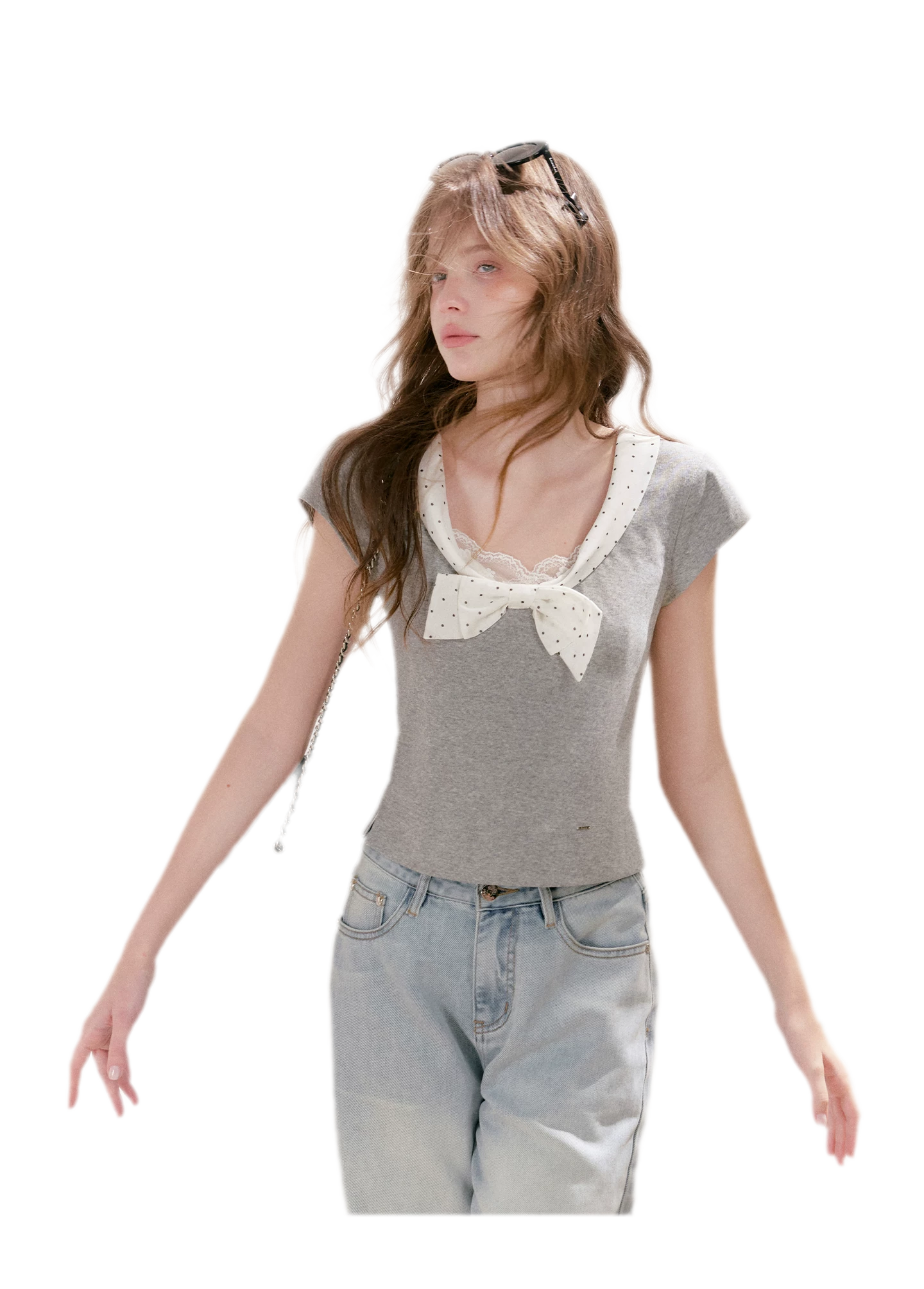 Polka-Dot Bow Knit Top