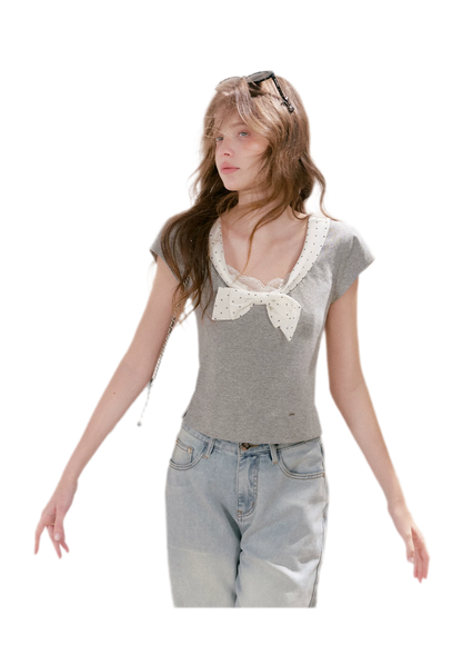 Polka-Dot Bow Knit Top