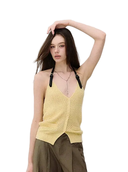 Colorblock Halter V-Neck Linen Knit Vest