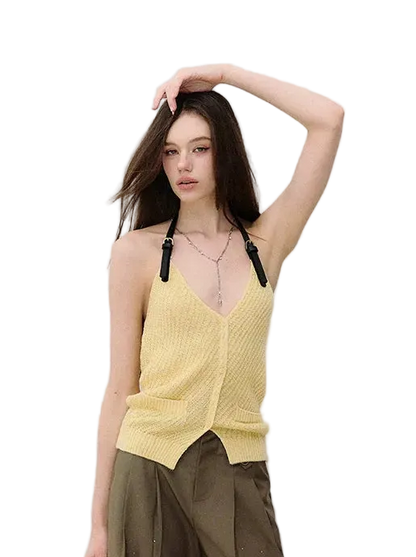 Colorblock Halter V-Neck Linen Knit Vest