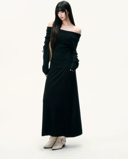 Wool Blend Off-Shoulder Skirt Set