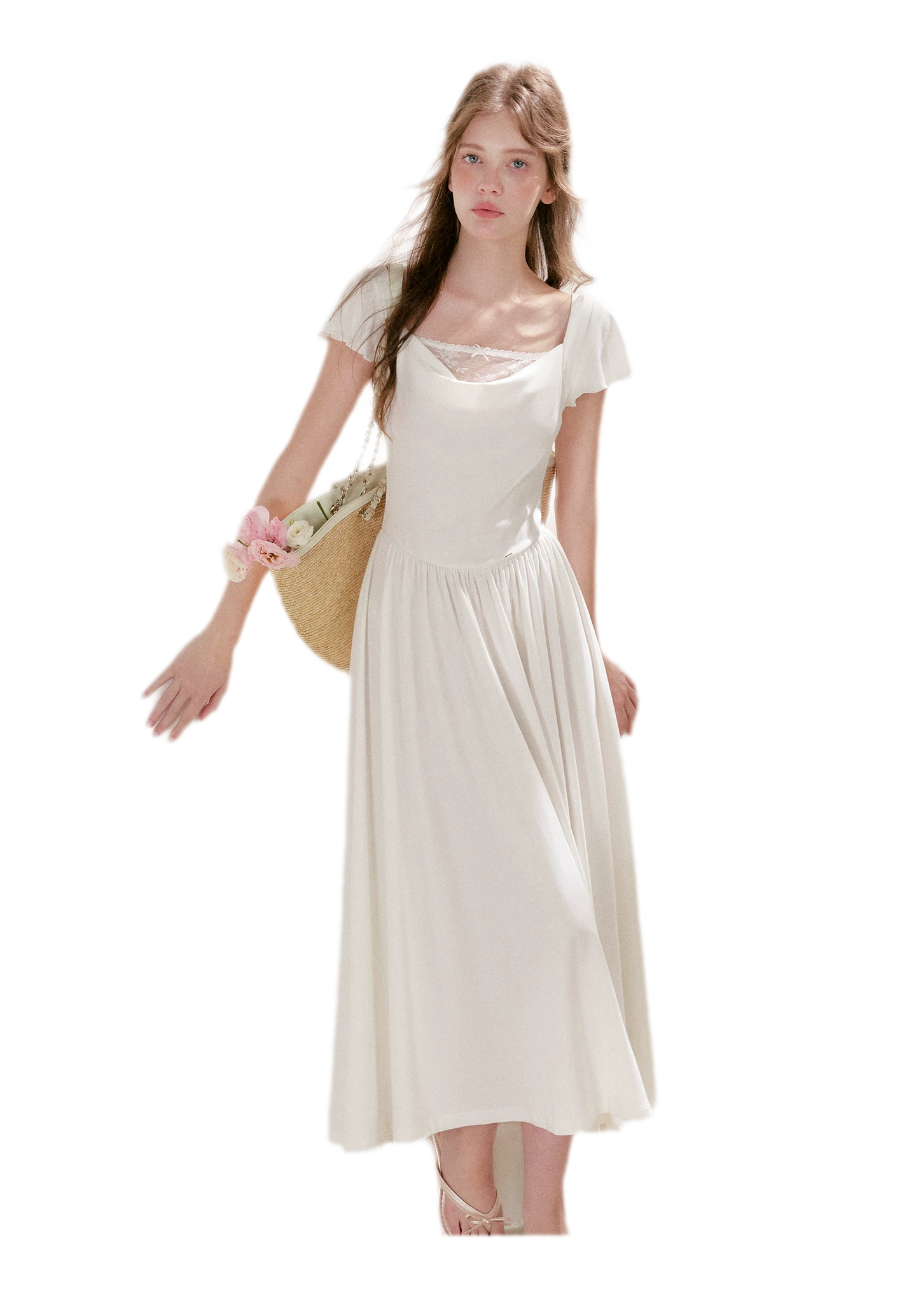 Lace Insert Flutter Sleeve Dress