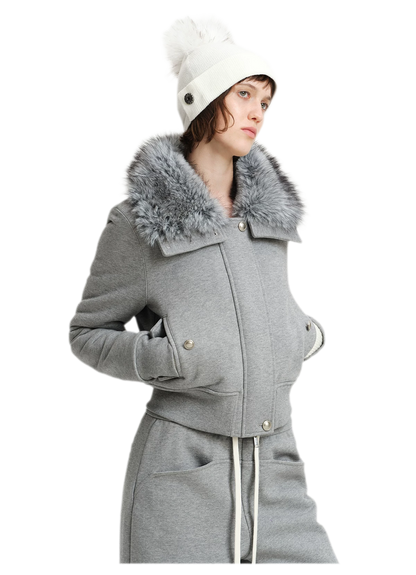 Conjunto de sudadera corta con cuello de pelo sintético