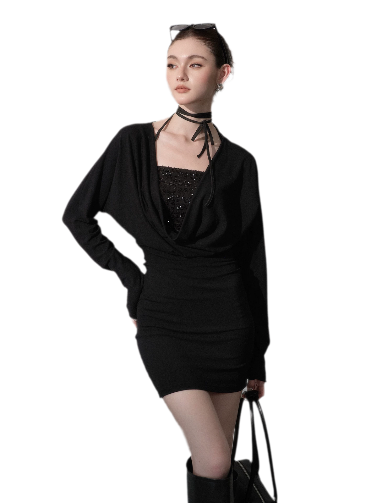 Sequined Draped Cowl Bodycon Dress