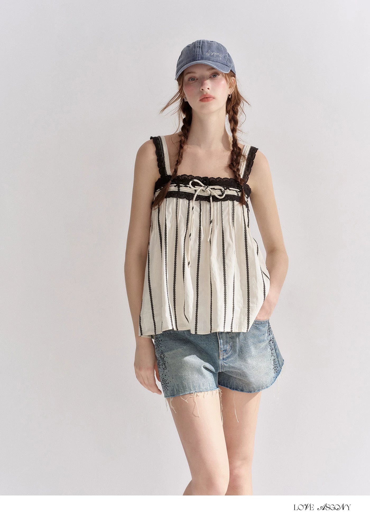 Striped Lace-Trim Tie-Front Camisole