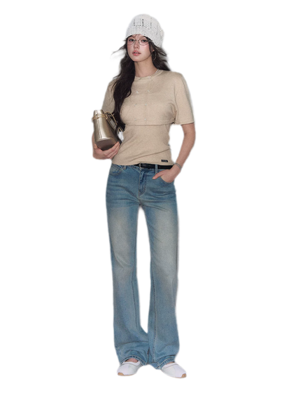 Washed Bow Embroidery Jeans