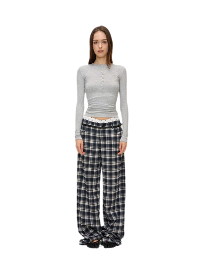 Brushed Plaid Wide-Leg Pants