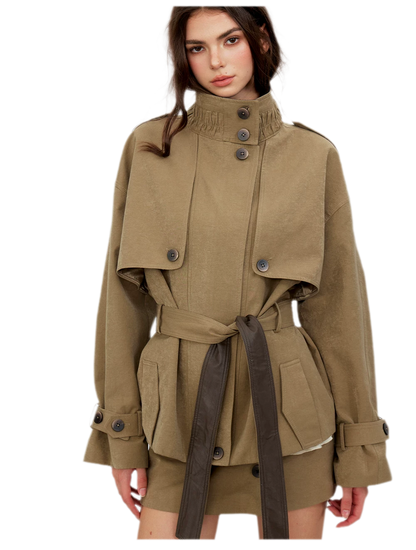 Pleated Stand-Collar Utility Jacket