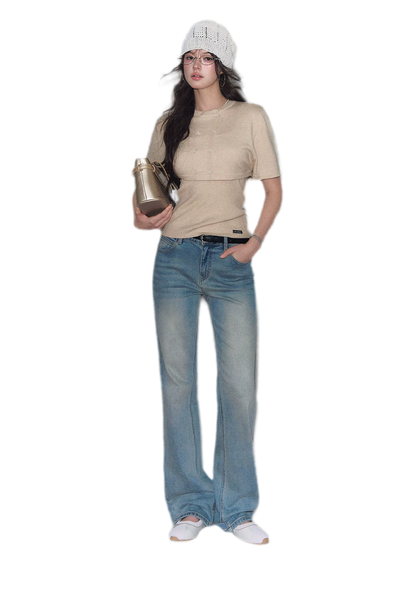 Washed Bow Embroidery Jeans