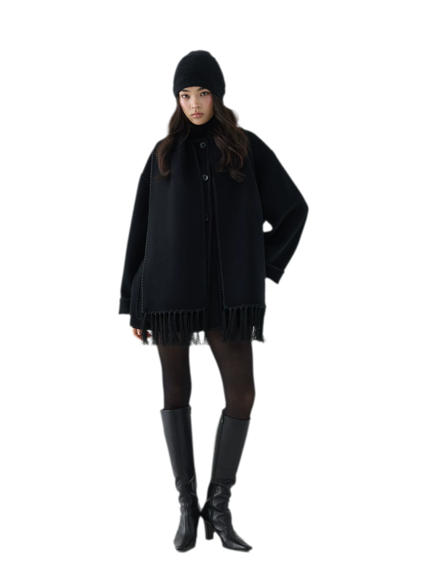 Double-Faced Wool Fringe Cape Coat